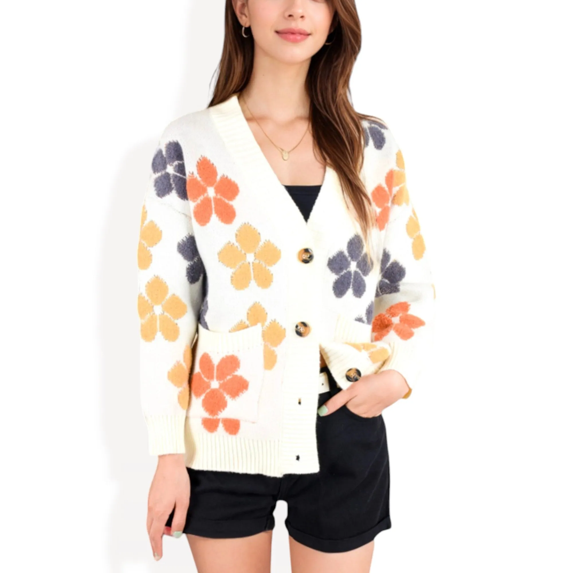 Anna-Kaci Women's Button-Up Knit Cardigan with Floral Print and Front Pockets sold by Anna-Kaci