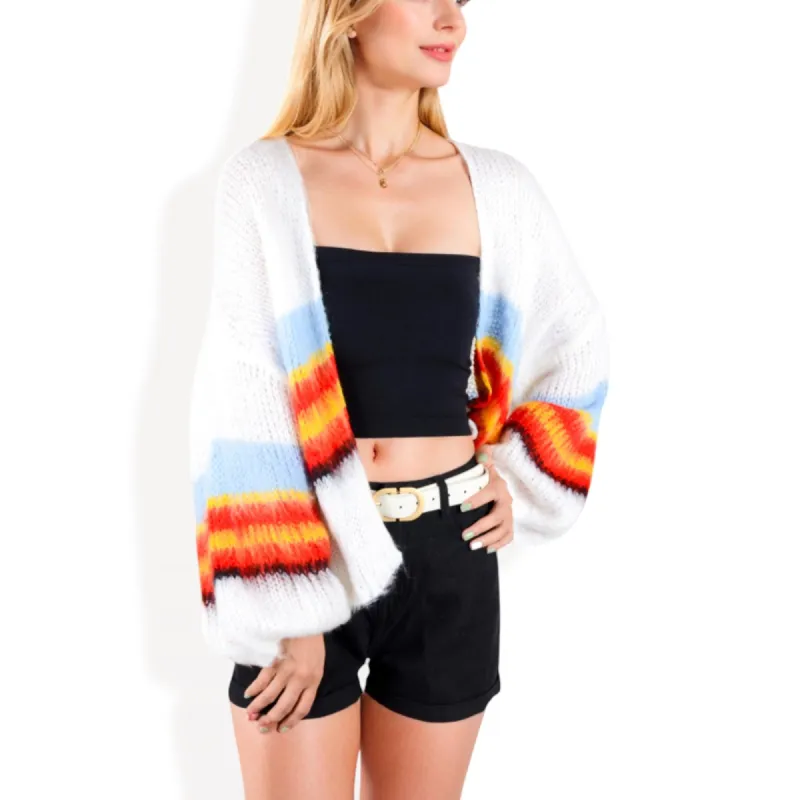 Anna-Kaci Women's Open Knit Cardigan with Colorful Stripes and Balloon Sleeves sold by Anna-Kaci