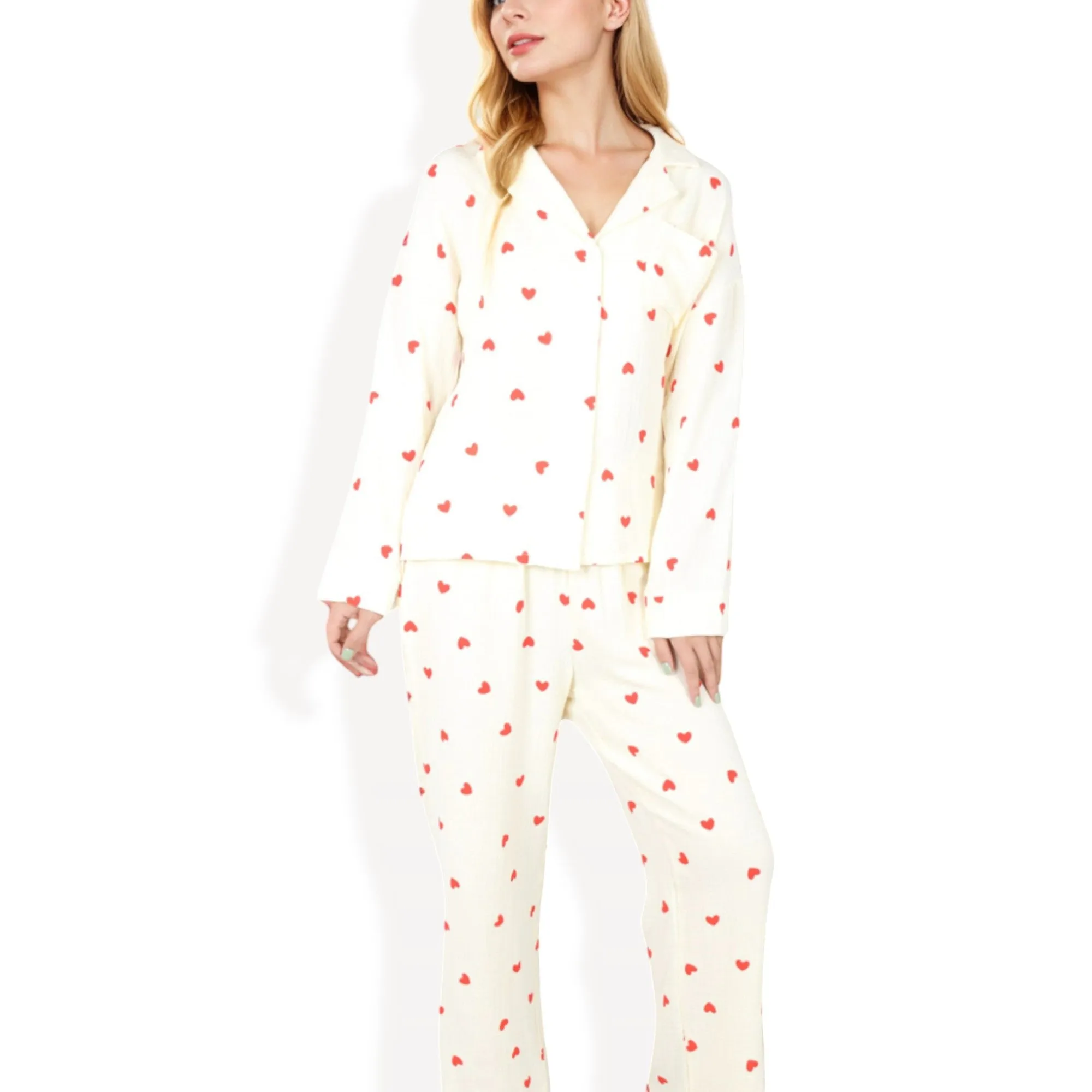 Anna-Kaci Women's Button-Up Pajama Set with Heart Print and Notched Collar sold by Anna-Kaci
