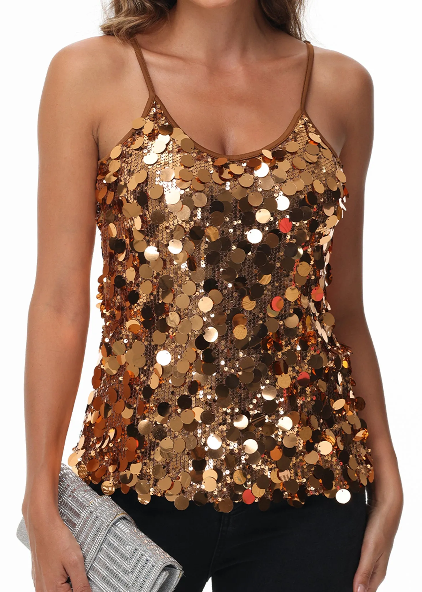 Anna-Kaci Womens Sequin Cami Tops Sleeveless Spaghetti Strap Shimmer Glitter Party Tank Top sold by Anna-Kaci