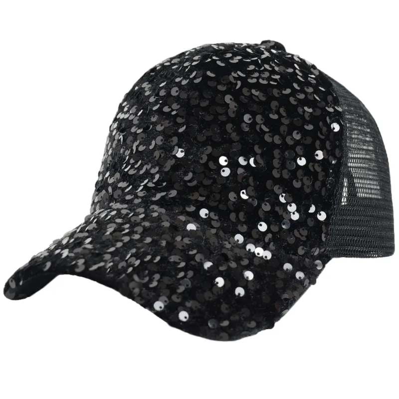 Anna-Kaci Women's Sparkly Sequin Baseball Cap Messy Low Bun Ponycap Velvet Mesh Trucker Hat sold by Anna-Kaci