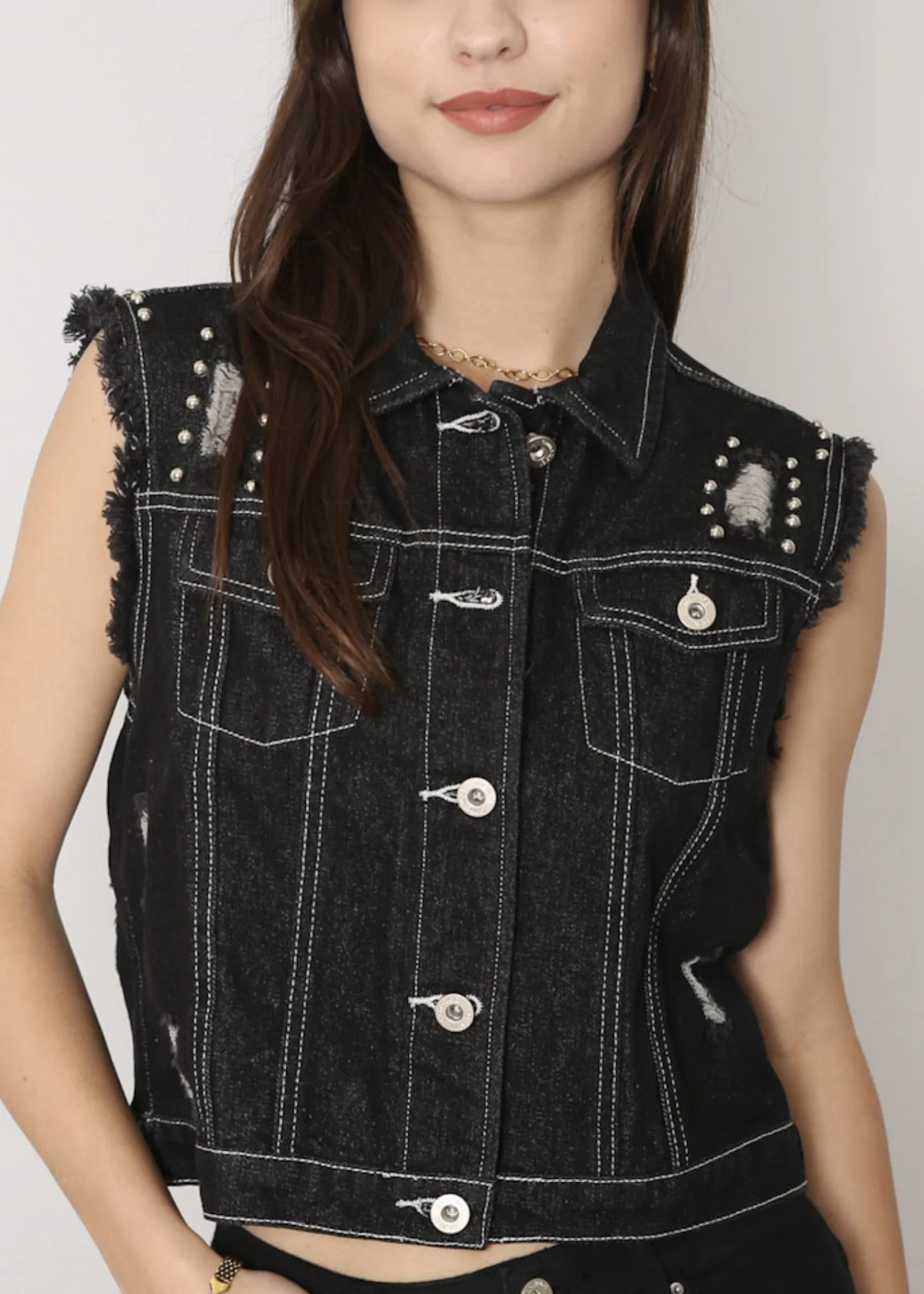 Sleeveless Distressed Denim Jean Jacket Vest sold by Anna-Kaci