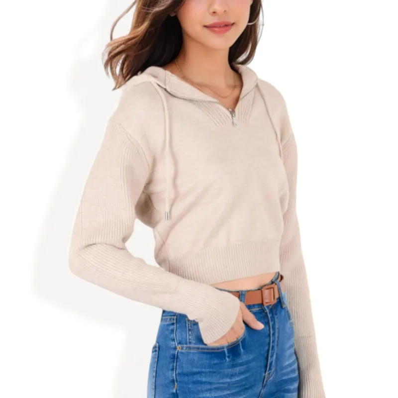 Anna-Kaci Women's Cropped Knit Hoodie with Zip Neck and Ribbed Detailing sold by Anna-Kaci