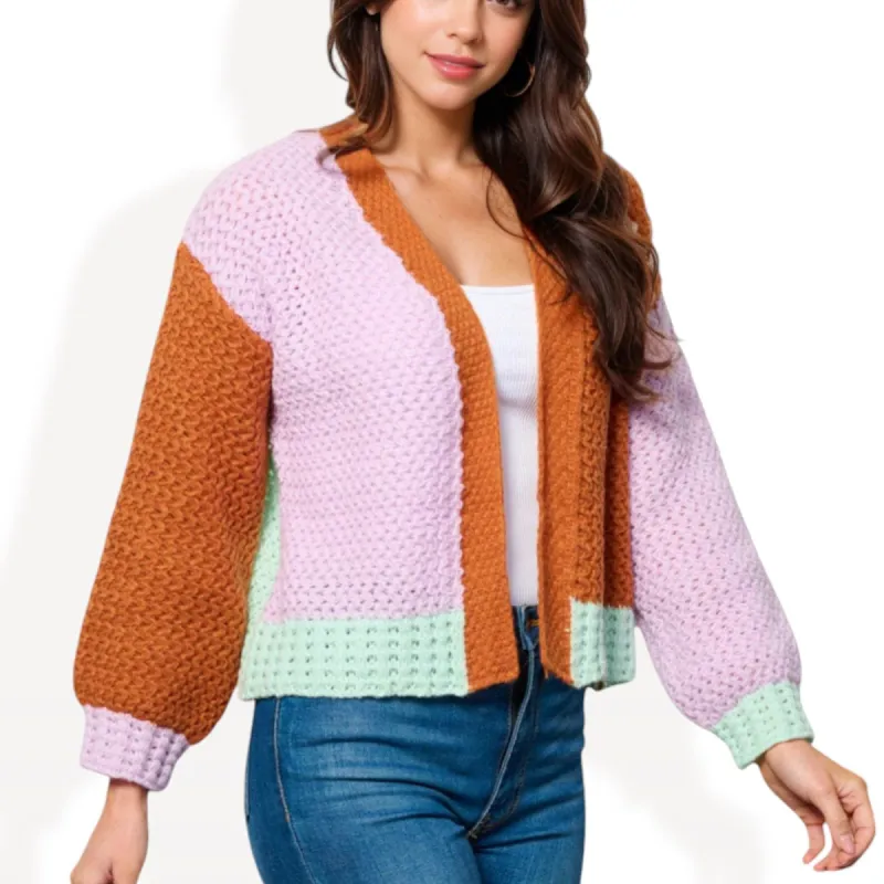 Open Front Chunky Color Block Knit Cardigan with Balloon Sleeves sold by Anna-Kaci