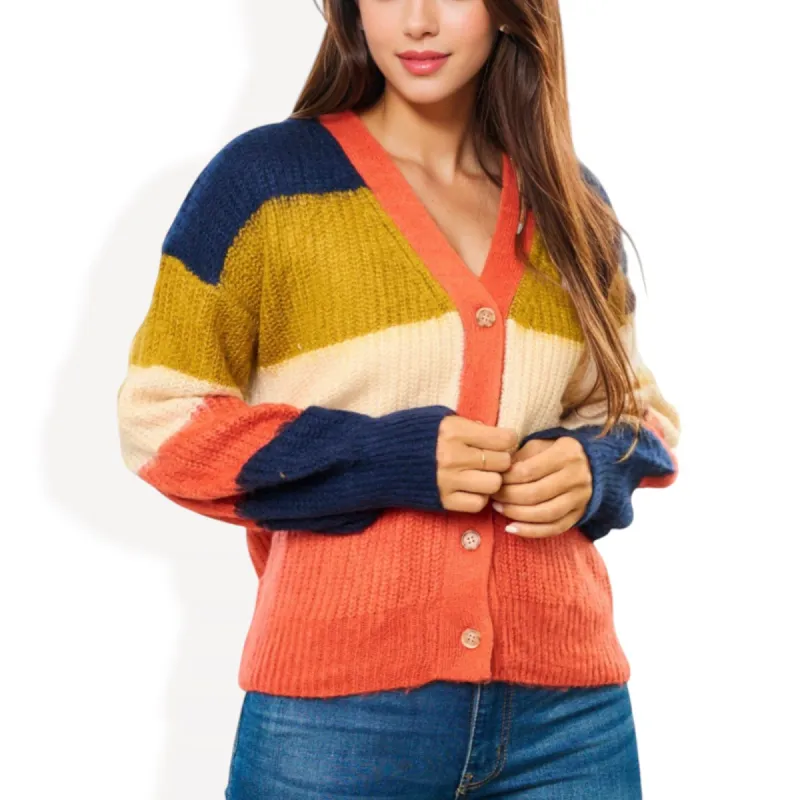Anna-Kaci Women's Color Block Fuzzy Knit Cardigan with Button Front and Long Sleeves sold by Anna-Kaci