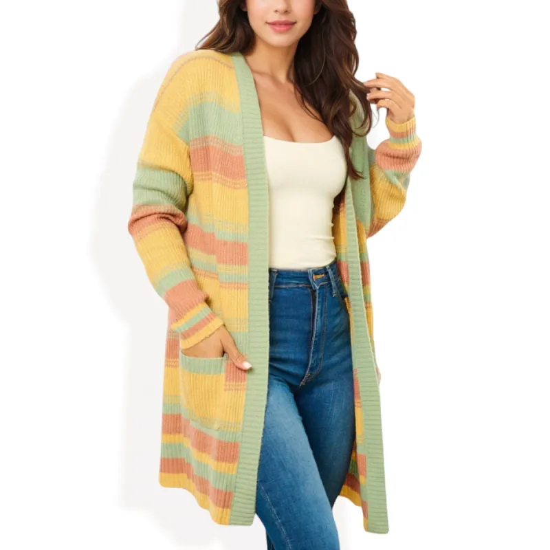 Anna-Kaci Women's Colorful Striped Longline Cardigan with Open Front and Patch Pockets sold by Anna-Kaci