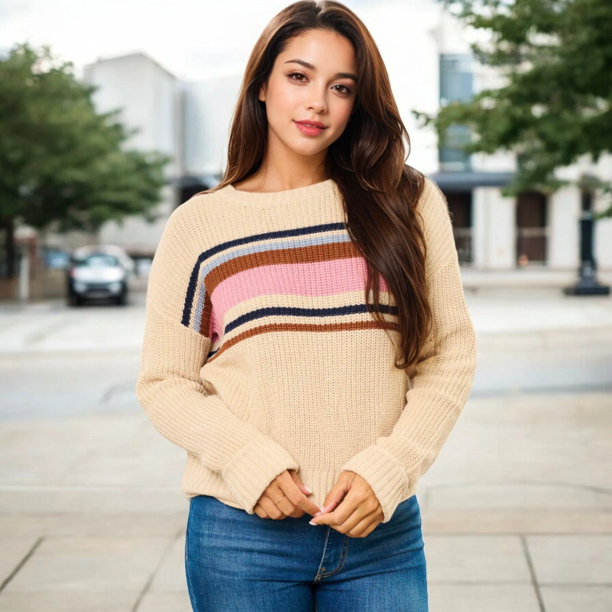 Anna-Kaci Women's Striped Crew Neck Knit Sweater with Retro-Inspired Color Block Pattern sold by Anna-Kaci product image thumbnail 3
