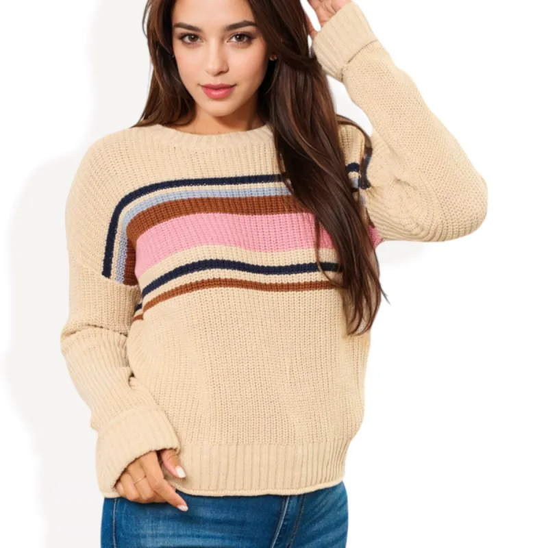 Anna-Kaci Women's Striped Crew Neck Knit Sweater with Retro-Inspired Color Block Pattern sold by Anna-Kaci