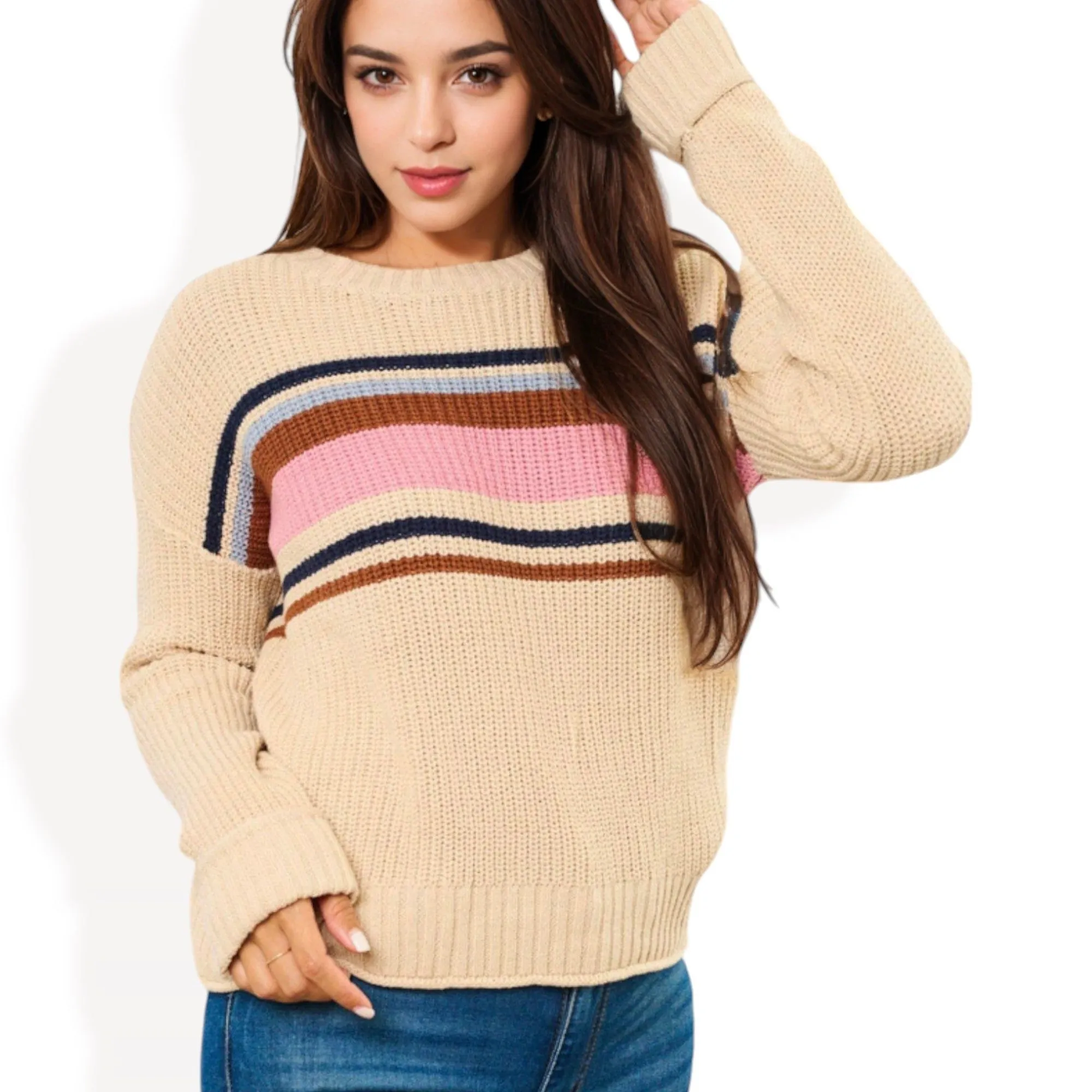 Anna-Kaci Women's Striped Crew Neck Knit Sweater with Retro-Inspired Color Block Pattern sold by Anna-Kaci