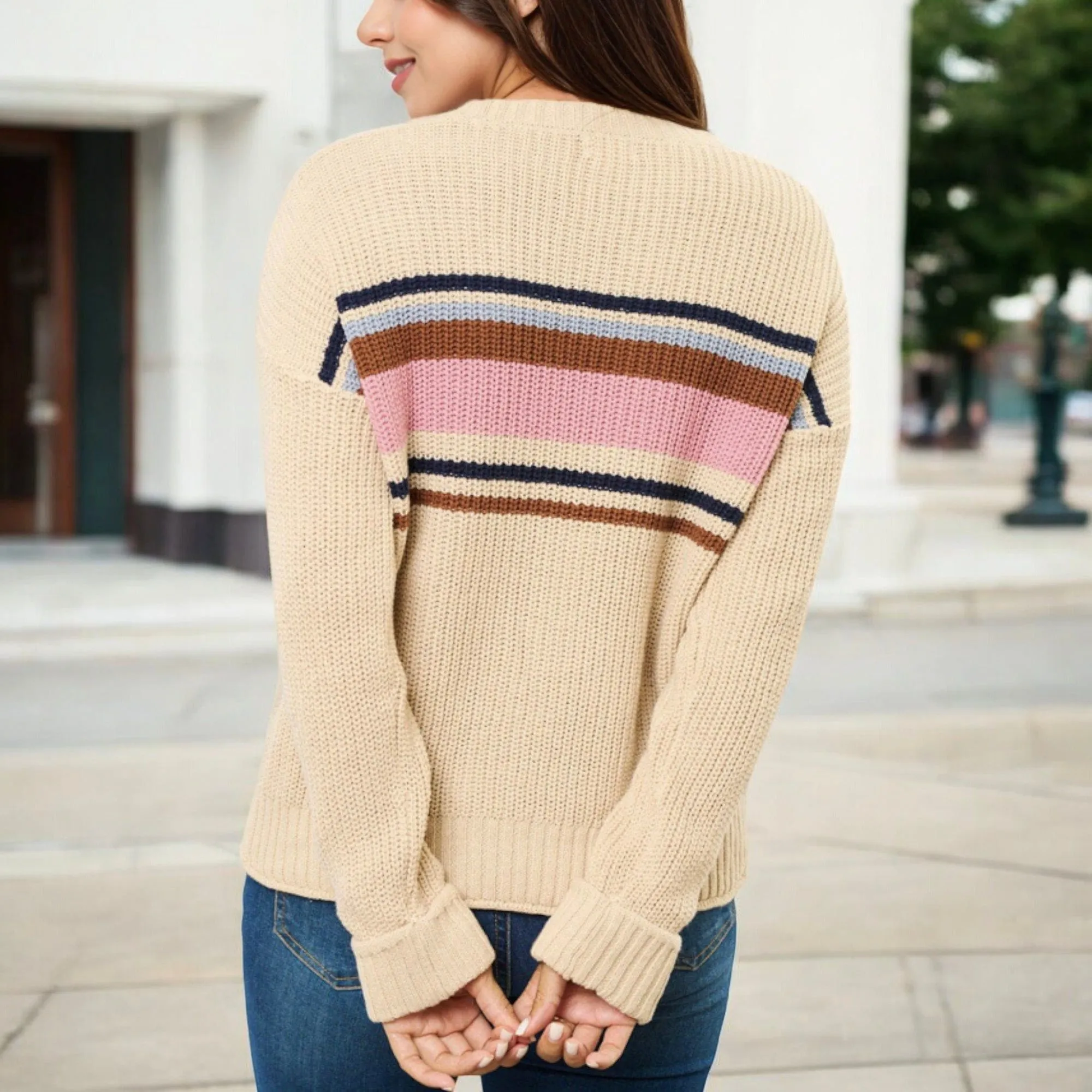 Anna-Kaci Women's Striped Crew Neck Knit Sweater with Retro-Inspired Color Block Pattern sold by Anna-Kaci product image thumbnail 5