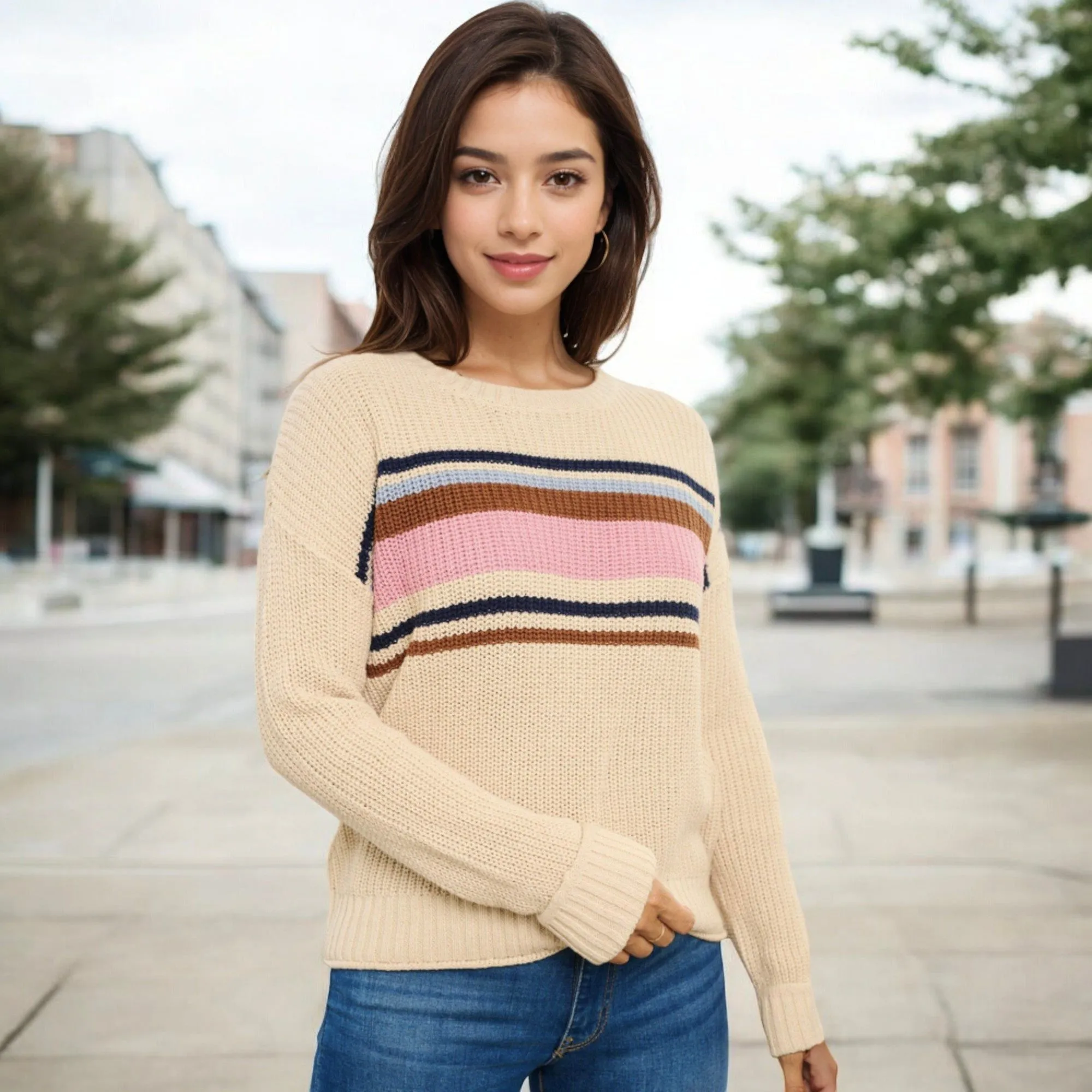 Anna-Kaci Women's Striped Crew Neck Knit Sweater with Retro-Inspired Color Block Pattern sold by Anna-Kaci product image thumbnail 2
