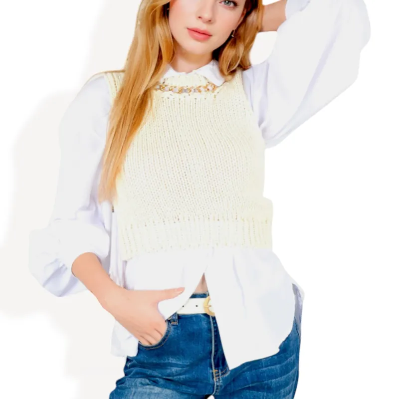 Anna-Kaci Women's Chunky Knit Sweater Vest with Chain Detail Crew Neck made by Anna-Kaci