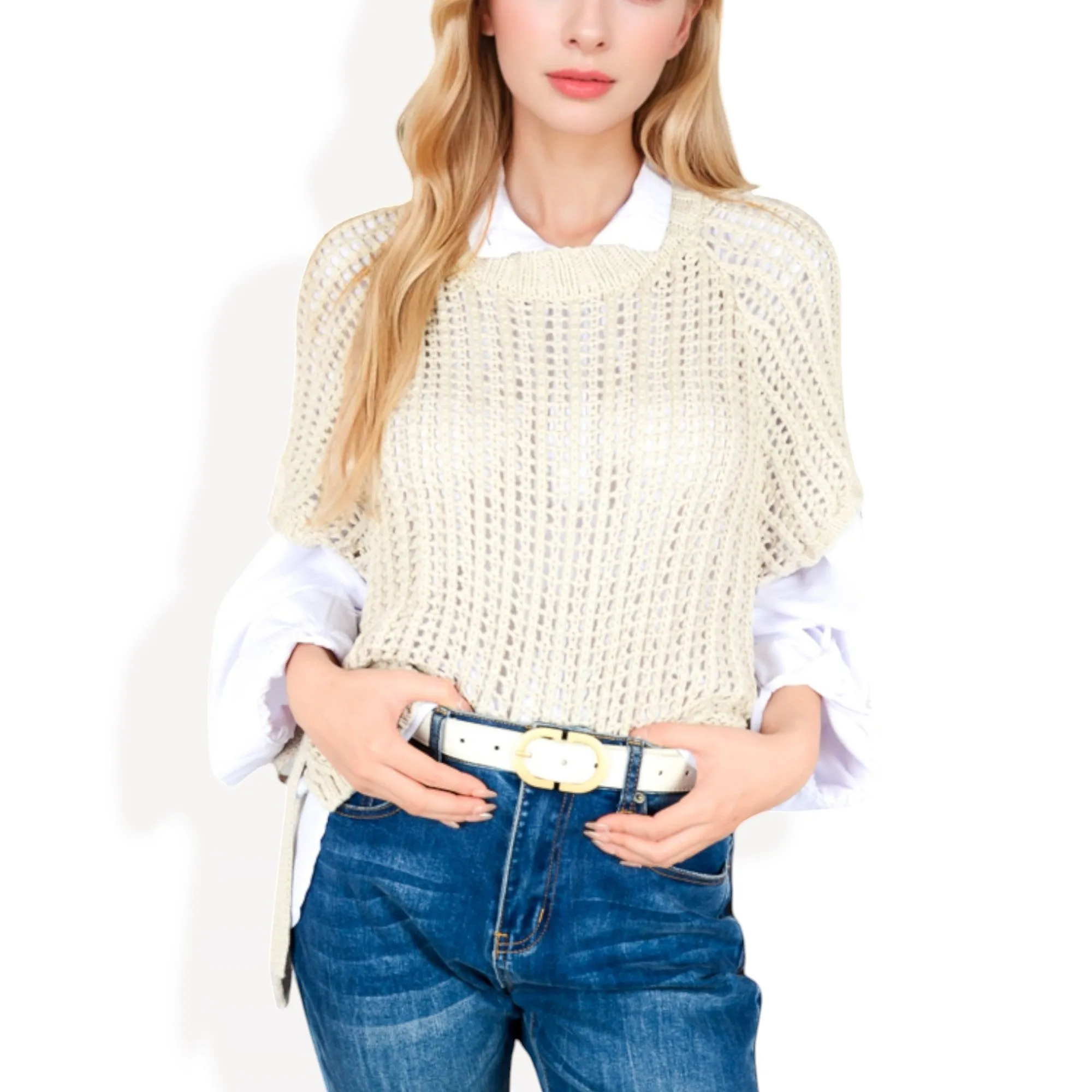 Anna-Kaci Women's Open Knit Pullover Sweater Vest with Cap Sleeves and Ribbed Hem sold by Anna-Kaci