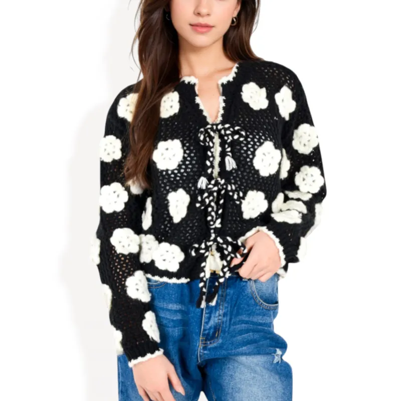 Anna-Kaci Women's Crochet Knit Floral Cardigan with Tassel Tie Front and Scalloped Edges sold by Anna-Kaci