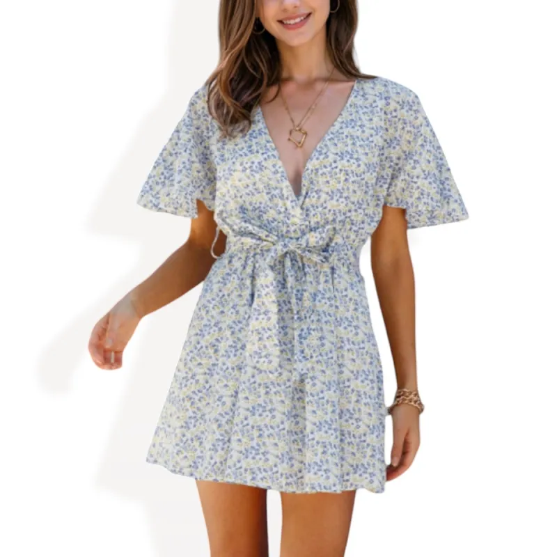 Anna-Kaci Women's Floral Print V-Neck Dress with Flutter Sleeves and Waist Tie sold by Anna-Kaci
