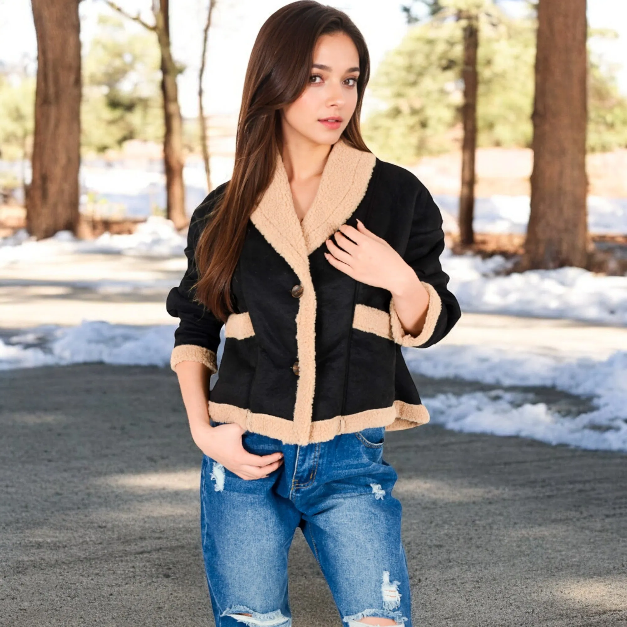 Anna-Kaci Women's Faux Shearling Jacket with Shawl Collar and Contrast Trim sold by Anna-Kaci product image thumbnail 4