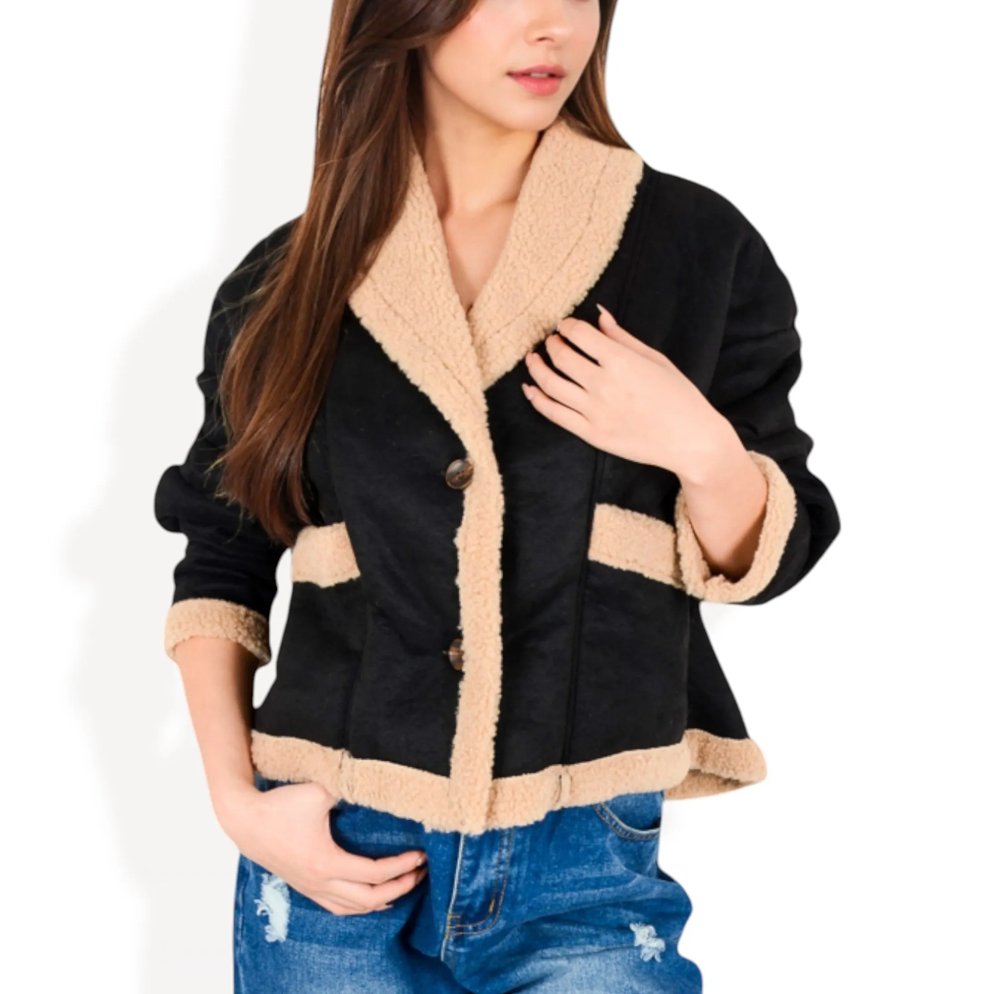 Anna-Kaci Women's Faux Shearling Jacket with Shawl Collar and Contrast Trim sold by Anna-Kaci