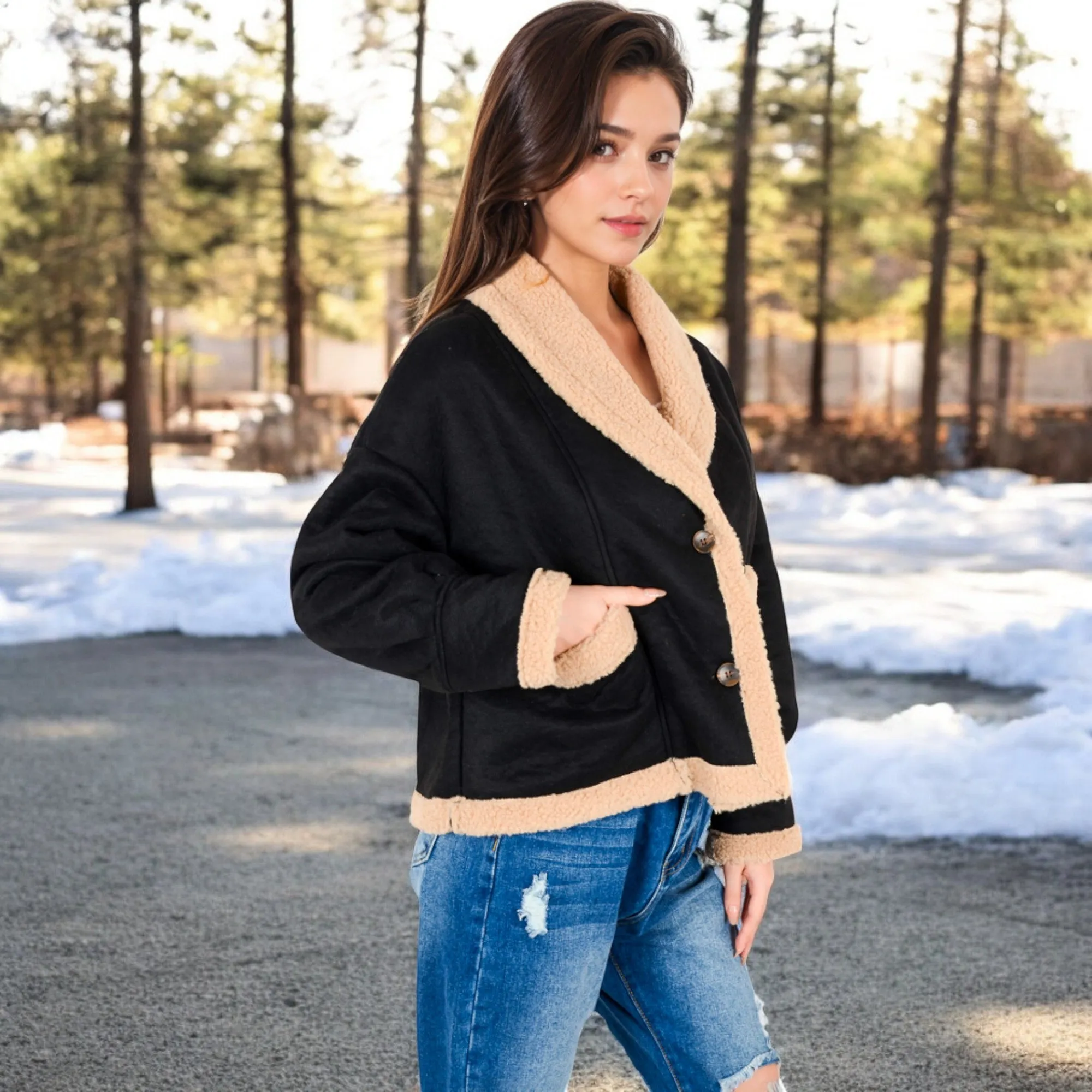 Anna-Kaci Women's Faux Shearling Jacket with Shawl Collar and Contrast Trim sold by Anna-Kaci product image thumbnail 3