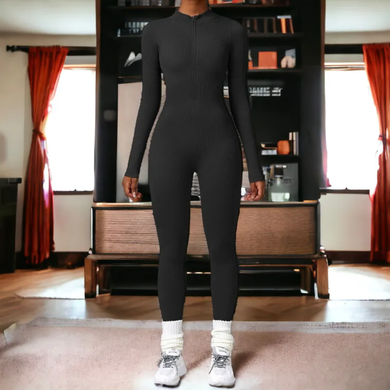Zip-Up Ribbed Knit Unitard Jumpsuit sold by Anna-Kaci