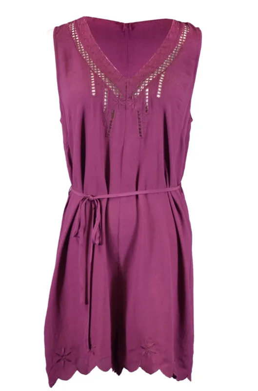 Lush Savoir Faire Embroidered Mesh Trim Tie Waist Loose Fit Woven Romper sold by Anna-Kaci