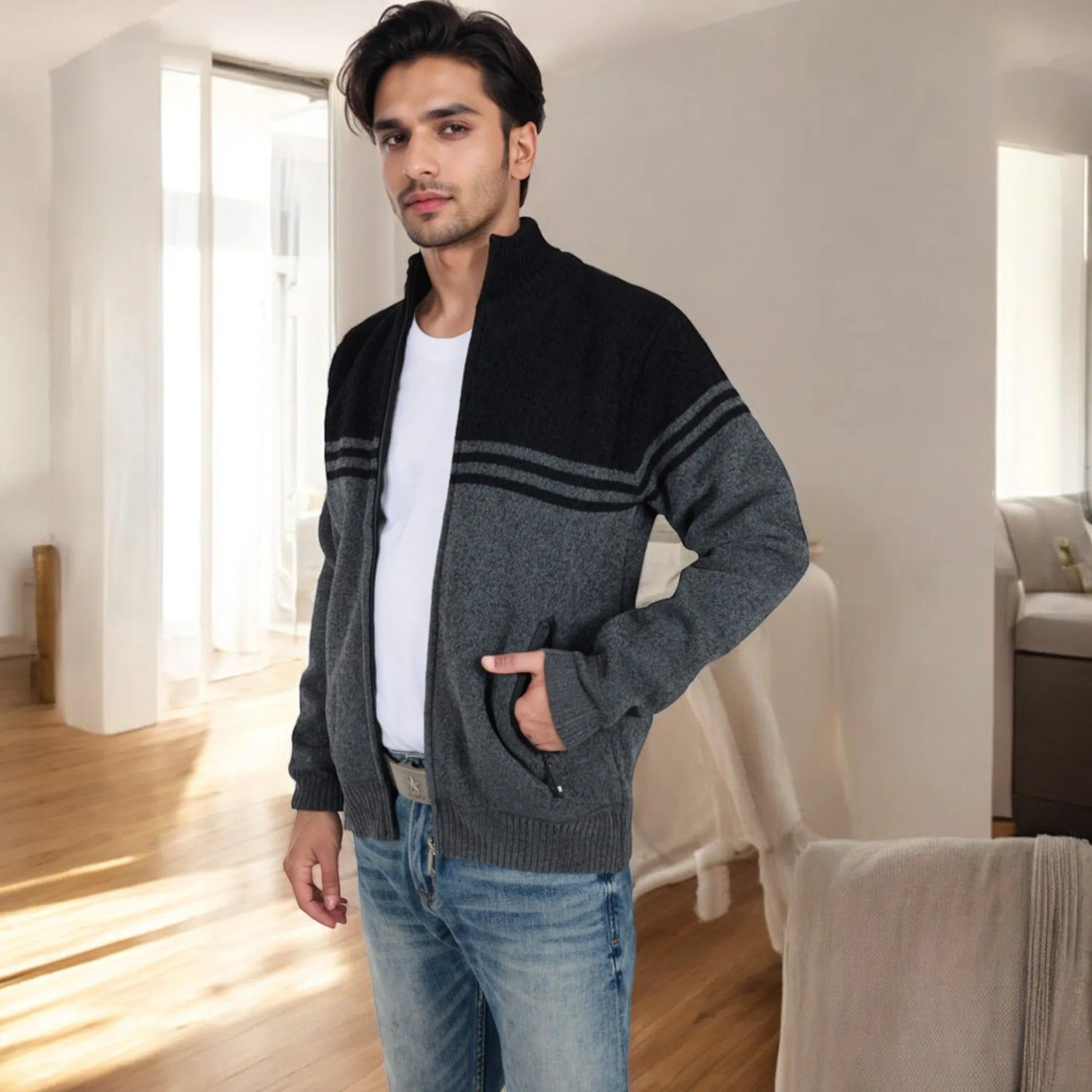 Anna-Kaci Men's Zip-Up Striped Fleece Jacket with High Collar and Front Pockets sold by Anna-Kaci product image thumbnail 5