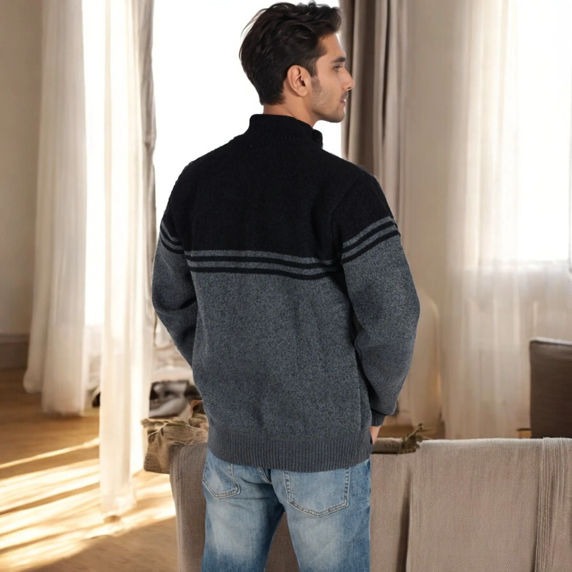 Anna-Kaci Men's Zip-Up Striped Fleece Jacket with High Collar and Front Pockets sold by Anna-Kaci product image thumbnail 3