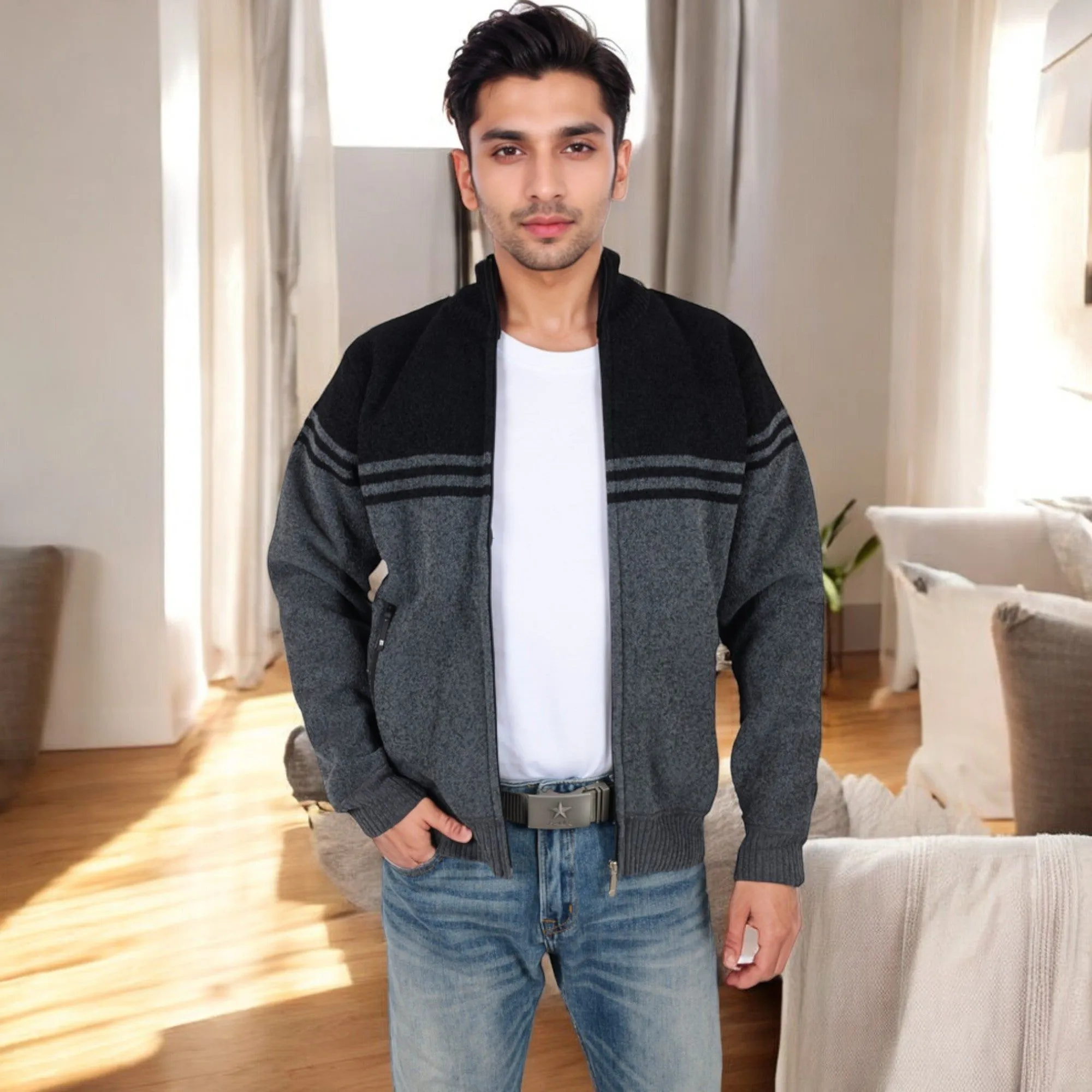 Anna-Kaci Men's Zip-Up Striped Fleece Jacket with High Collar and Front Pockets sold by Anna-Kaci product image thumbnail 4