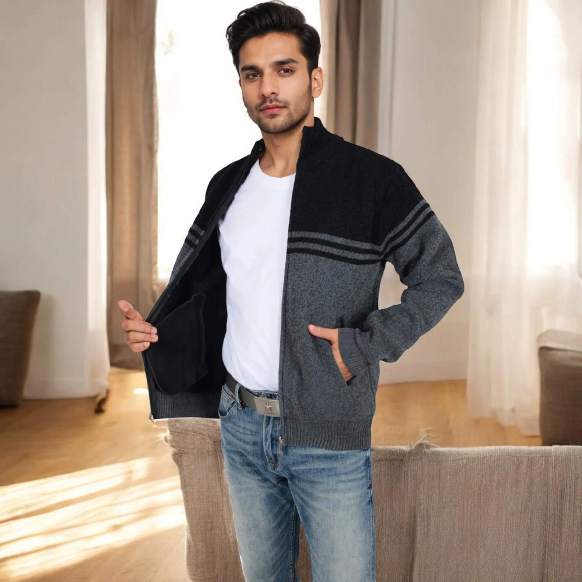 Anna-Kaci Men's Zip-Up Striped Fleece Jacket with High Collar and Front Pockets sold by Anna-Kaci product image thumbnail 2