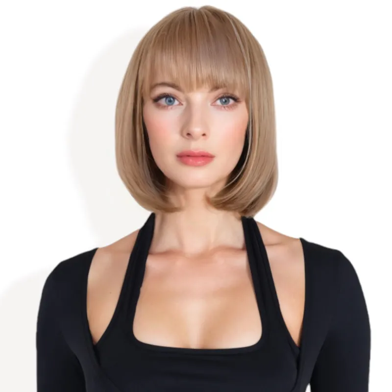 Women Ombre Brown 10inch Bob Wig with Bangs Heat Resistant Synthetic sold by Anna-Kaci