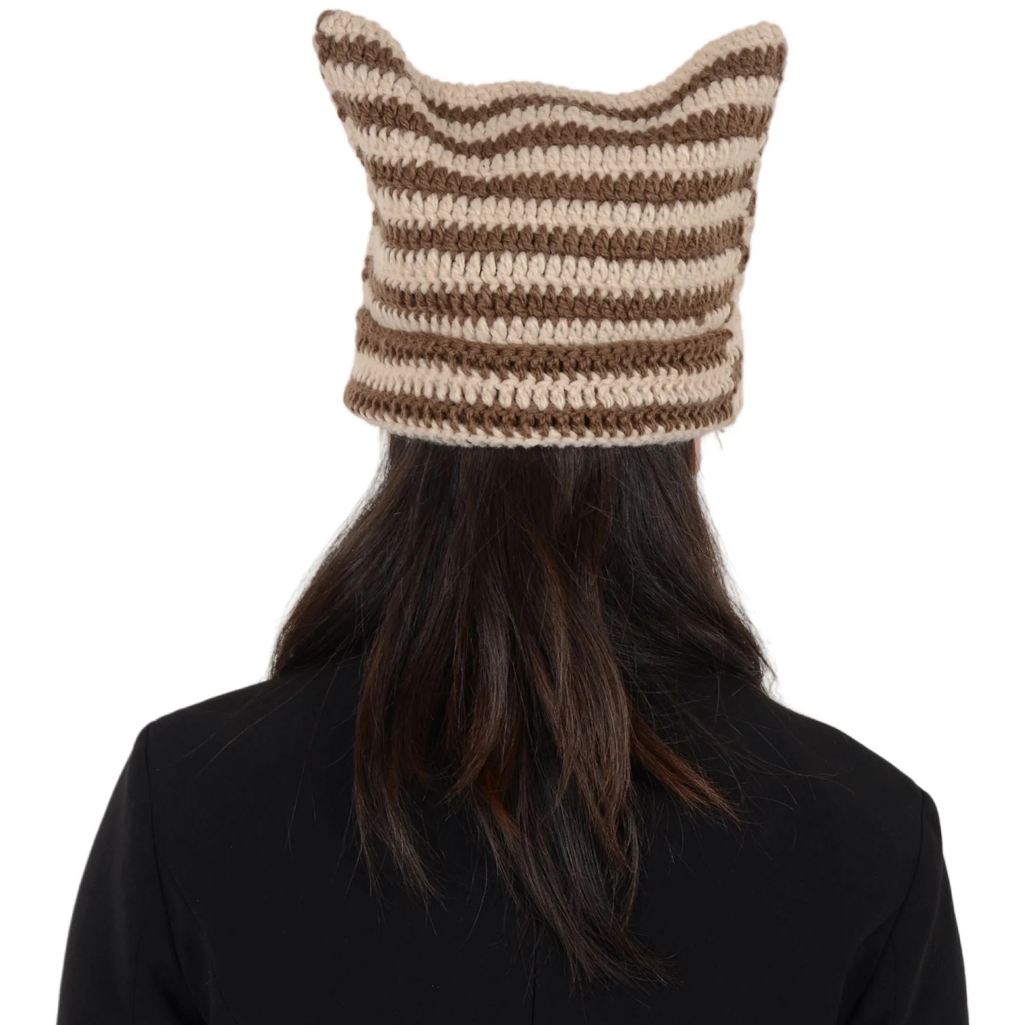 Vintage Crochet Hats Cute Cat Ear Striped Slouchy Beanies Cap for Women and Grey sold by Anna-Kaci product image thumbnail 3