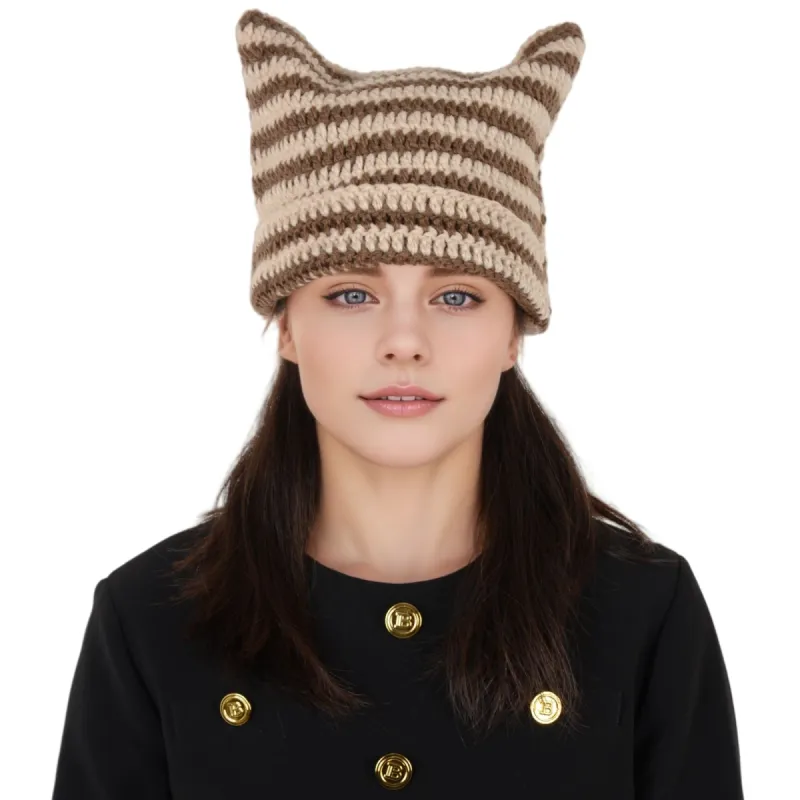 Vintage Crochet Hats Cute Cat Ear Striped Slouchy Beanies Cap for Women and Grey made by Anna-Kaci