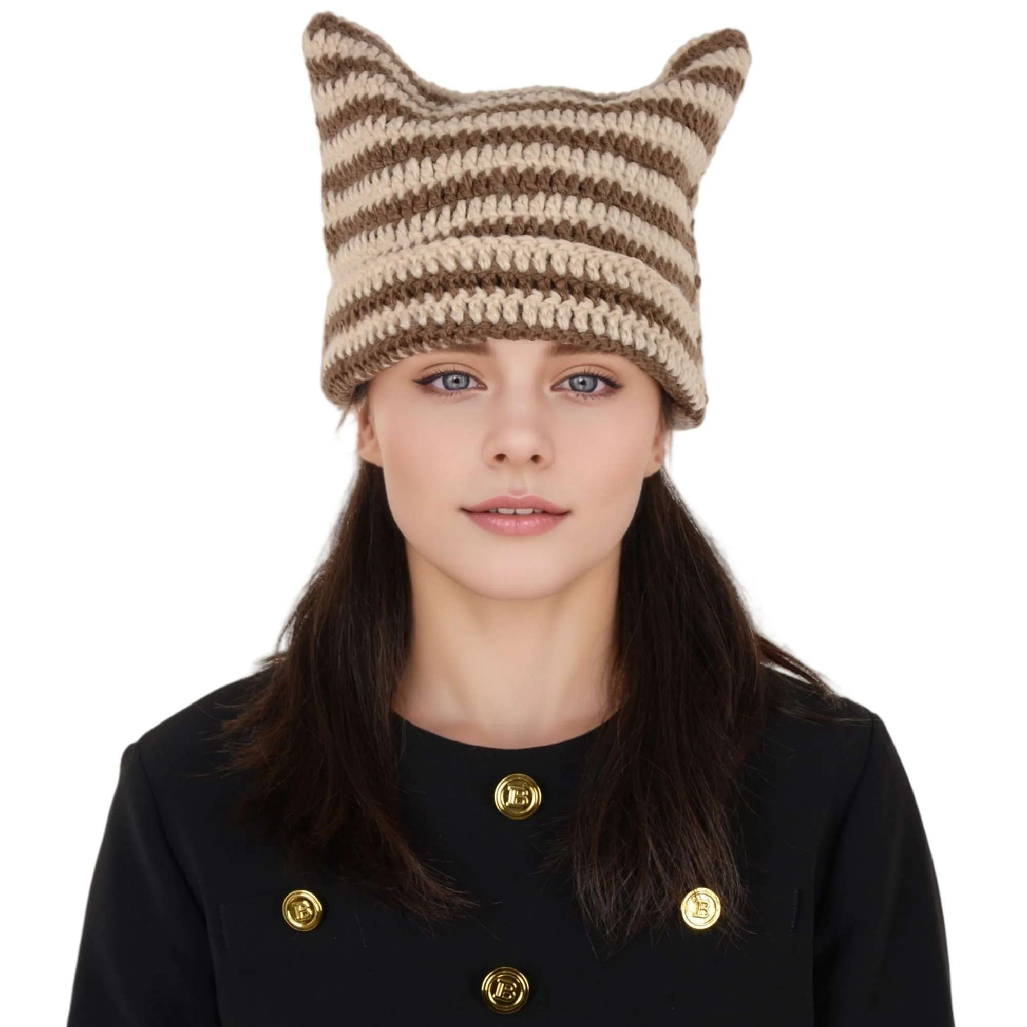 Vintage Crochet Hats Cute Cat Ear Striped Slouchy Beanies Cap for Women and Grey sold by Anna-Kaci