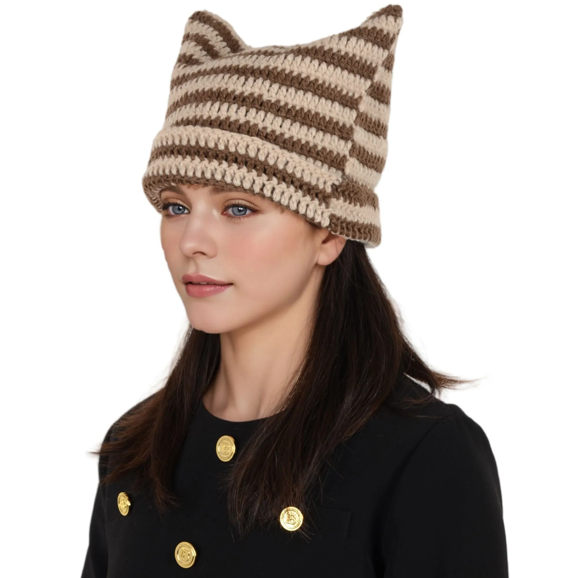 Vintage Crochet Hats Cute Cat Ear Striped Slouchy Beanies Cap for Women and Grey sold by Anna-Kaci product image thumbnail 2