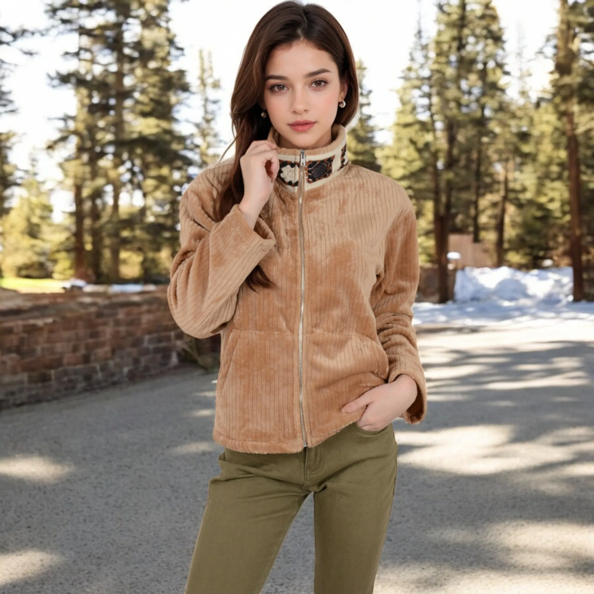 Anna-Kaci Women's Corduroy Zip-Up Jacket with Embroidered Collar and Side Pockets sold by Anna-Kaci product image thumbnail 4