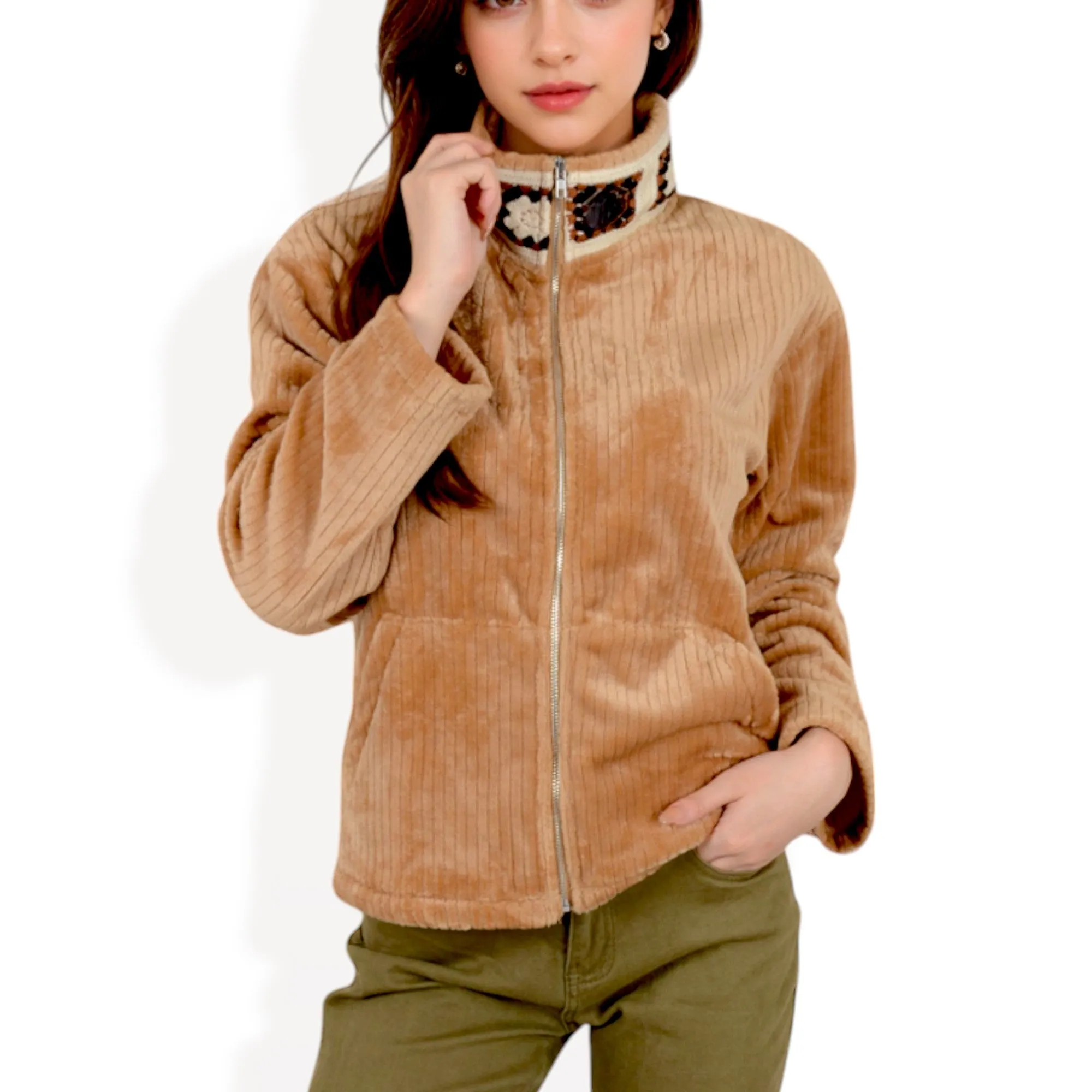 Anna-Kaci Women's Corduroy Zip-Up Jacket with Embroidered Collar and Side Pockets sold by Anna-Kaci
