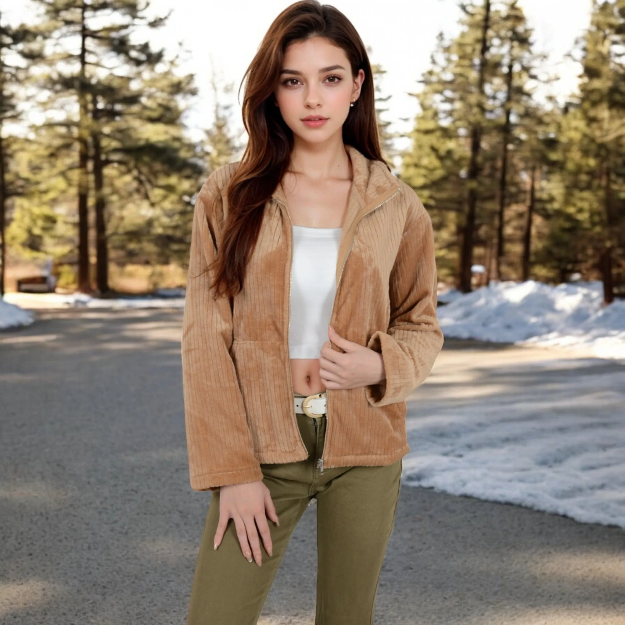 Anna-Kaci Women's Corduroy Zip-Up Jacket with Embroidered Collar and Side Pockets sold by Anna-Kaci product image thumbnail 2