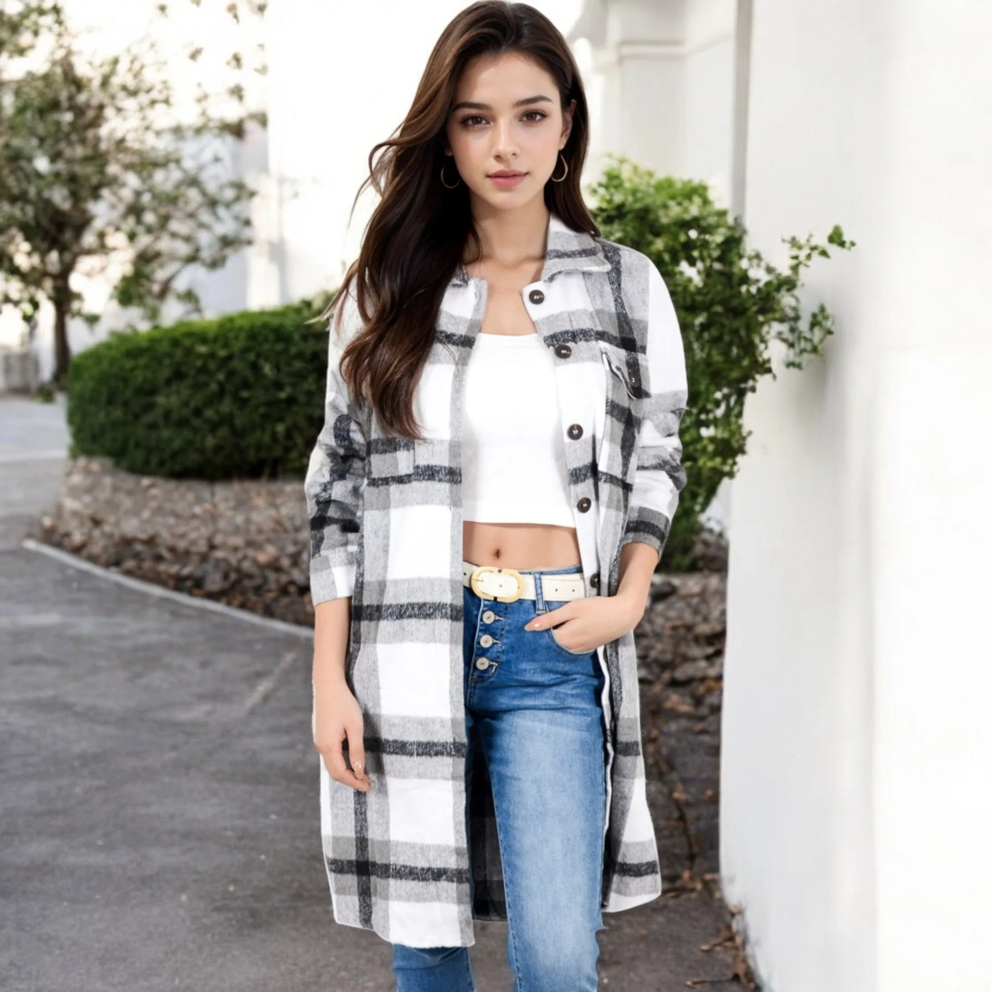 Anna-Kaci Women's Long Plaid Button-Up Shacket with Chest Pockets and Side Slits sold by Anna-Kaci product image thumbnail 4