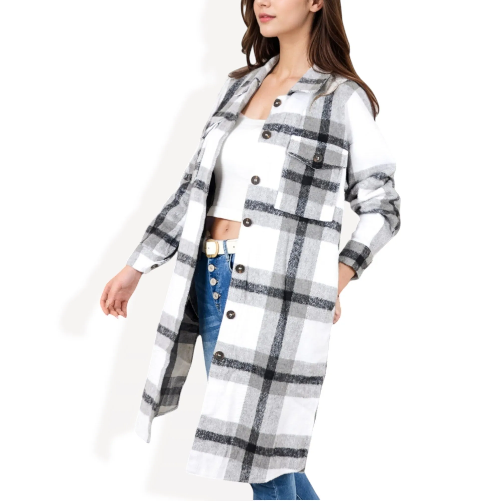 Anna-Kaci Women's Long Plaid Button-Up Shacket with Chest Pockets and Side Slits sold by Anna-Kaci