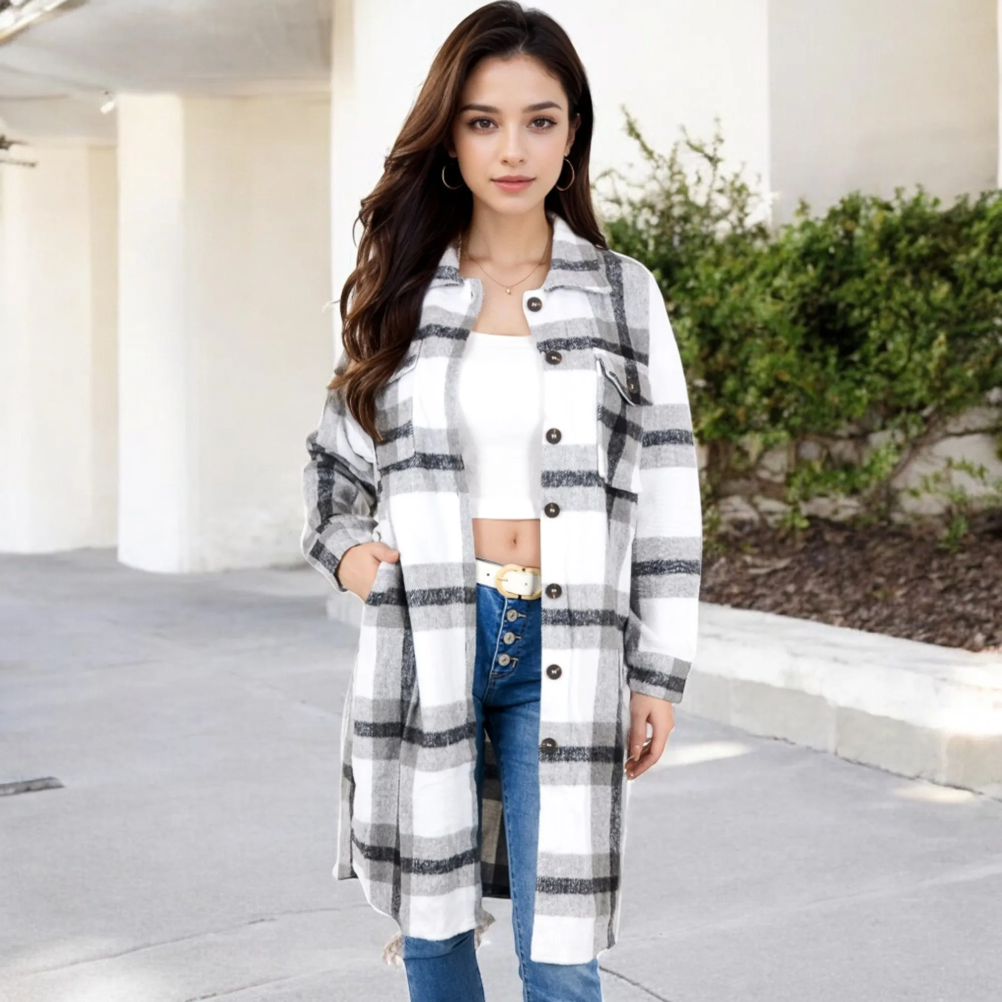 Anna-Kaci Women's Long Plaid Button-Up Shacket with Chest Pockets and Side Slits sold by Anna-Kaci product image thumbnail 2