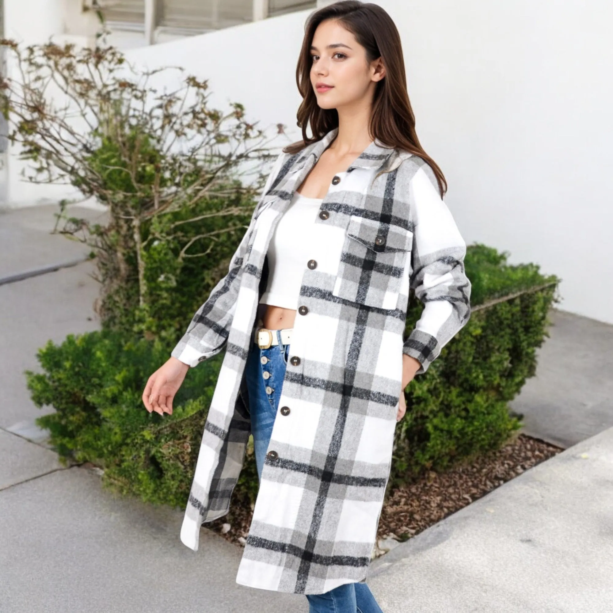 Anna-Kaci Women's Long Plaid Button-Up Shacket with Chest Pockets and Side Slits sold by Anna-Kaci product image thumbnail 3