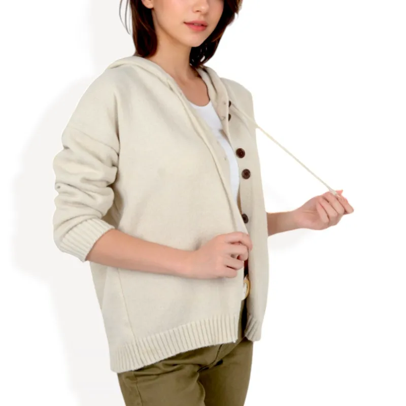 Anna-Kaci Women's Knit Button-Up Cardigan with Drawstring Hood and Ribbed Hem sold by Anna-Kaci
