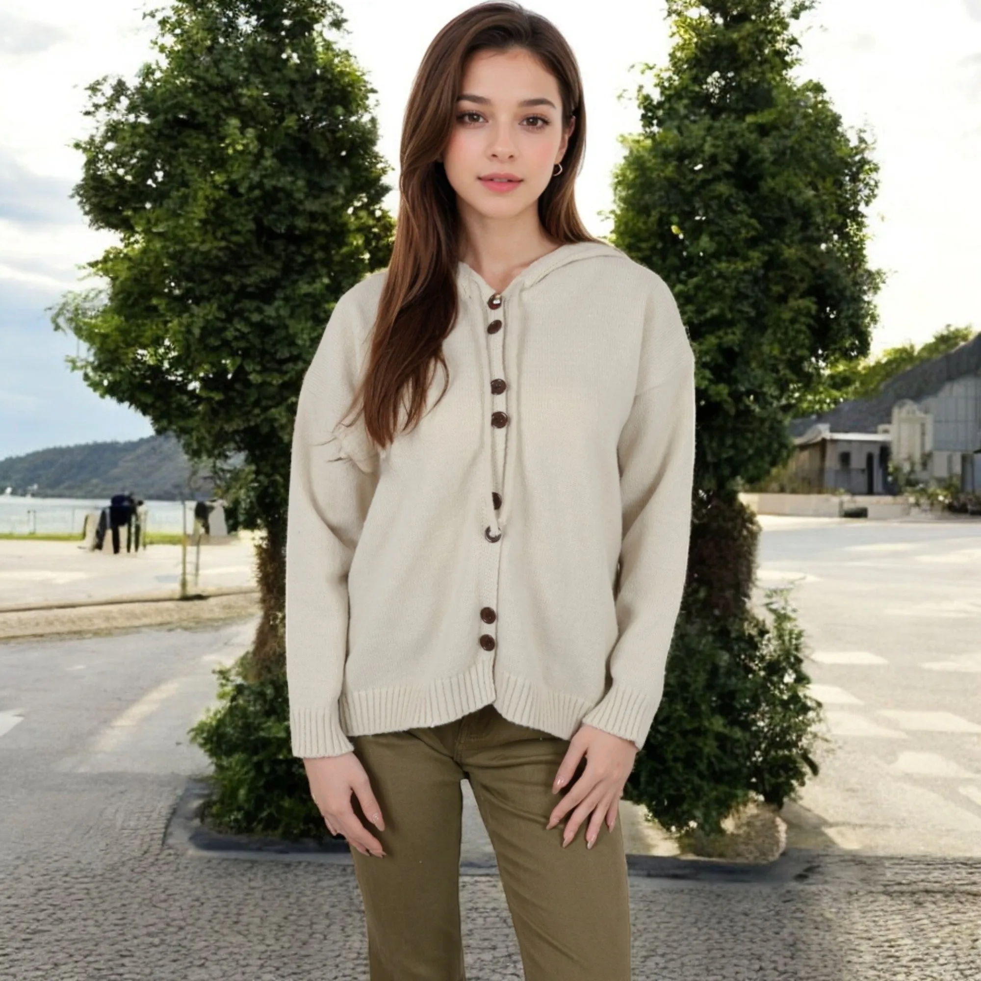 Anna-Kaci Women's Knit Button-Up Cardigan with Drawstring Hood and Ribbed Hem sold by Anna-Kaci product image thumbnail 2