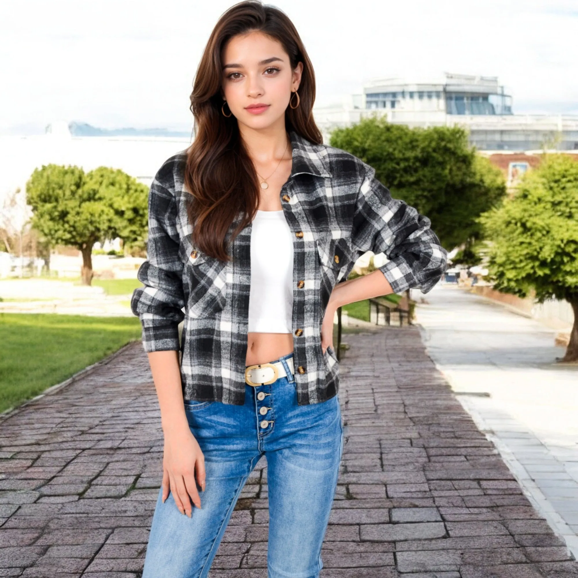 Anna-Kaci Women's Button-Up Plaid Shirt with Chest Pockets and Long Sleeves sold by Anna-Kaci product image thumbnail 4