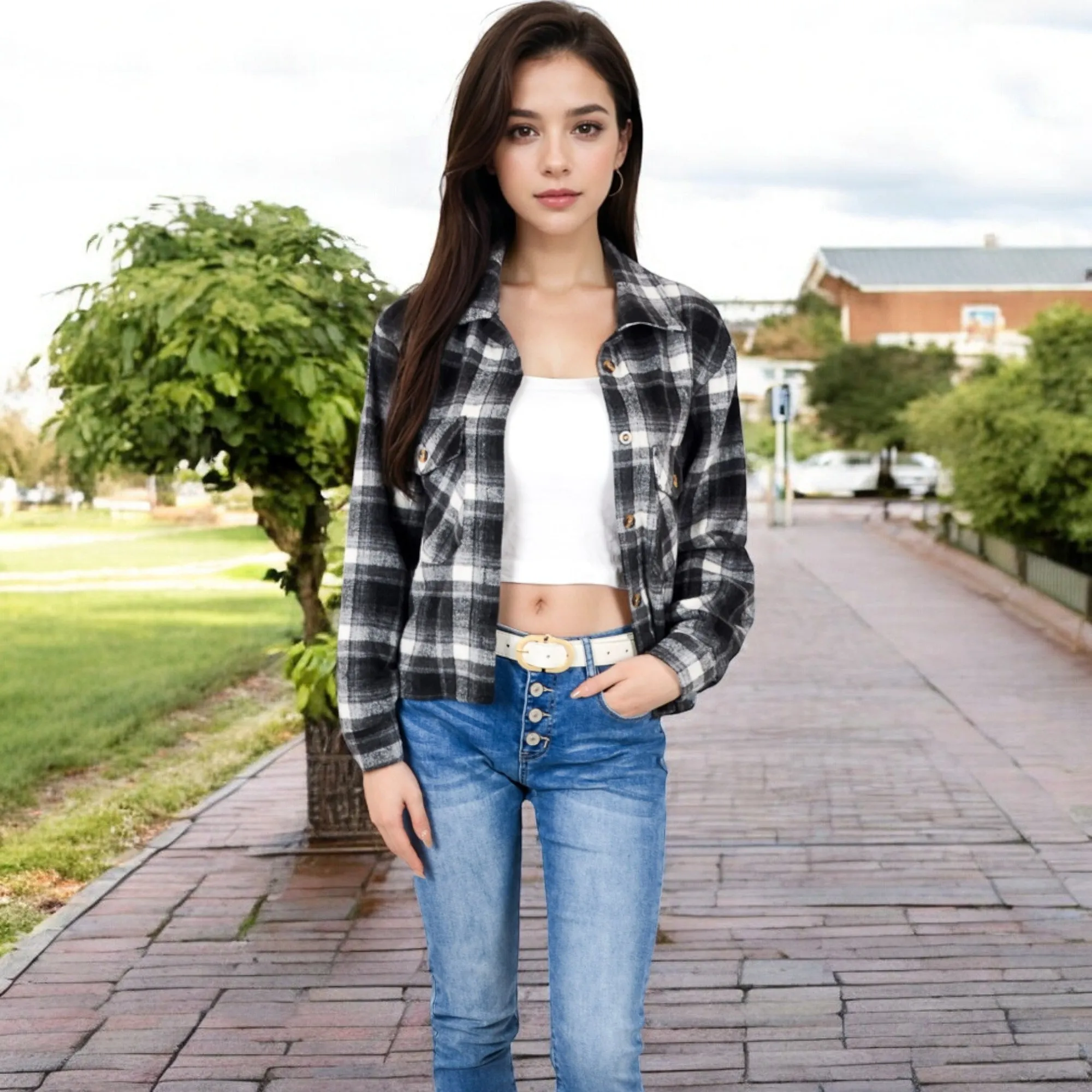 Anna-Kaci Women's Button-Up Plaid Shirt with Chest Pockets and Long Sleeves sold by Anna-Kaci product image thumbnail 2