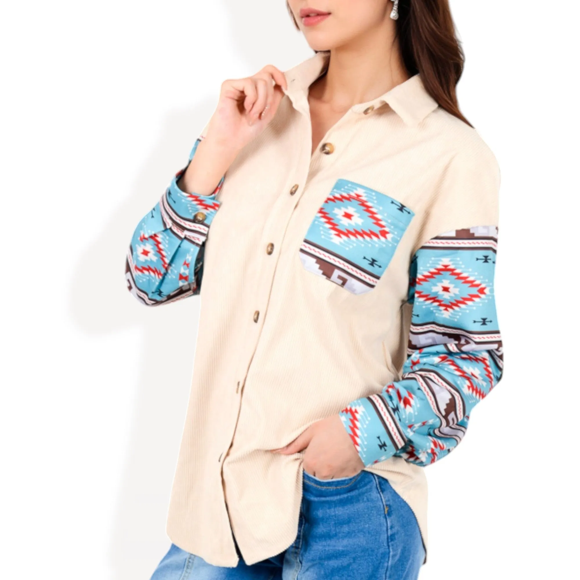 Anna-Kaci Women's Button-Up Corduroy Shirt with Aztec Print Pocket and Sleeves sold by Anna-Kaci