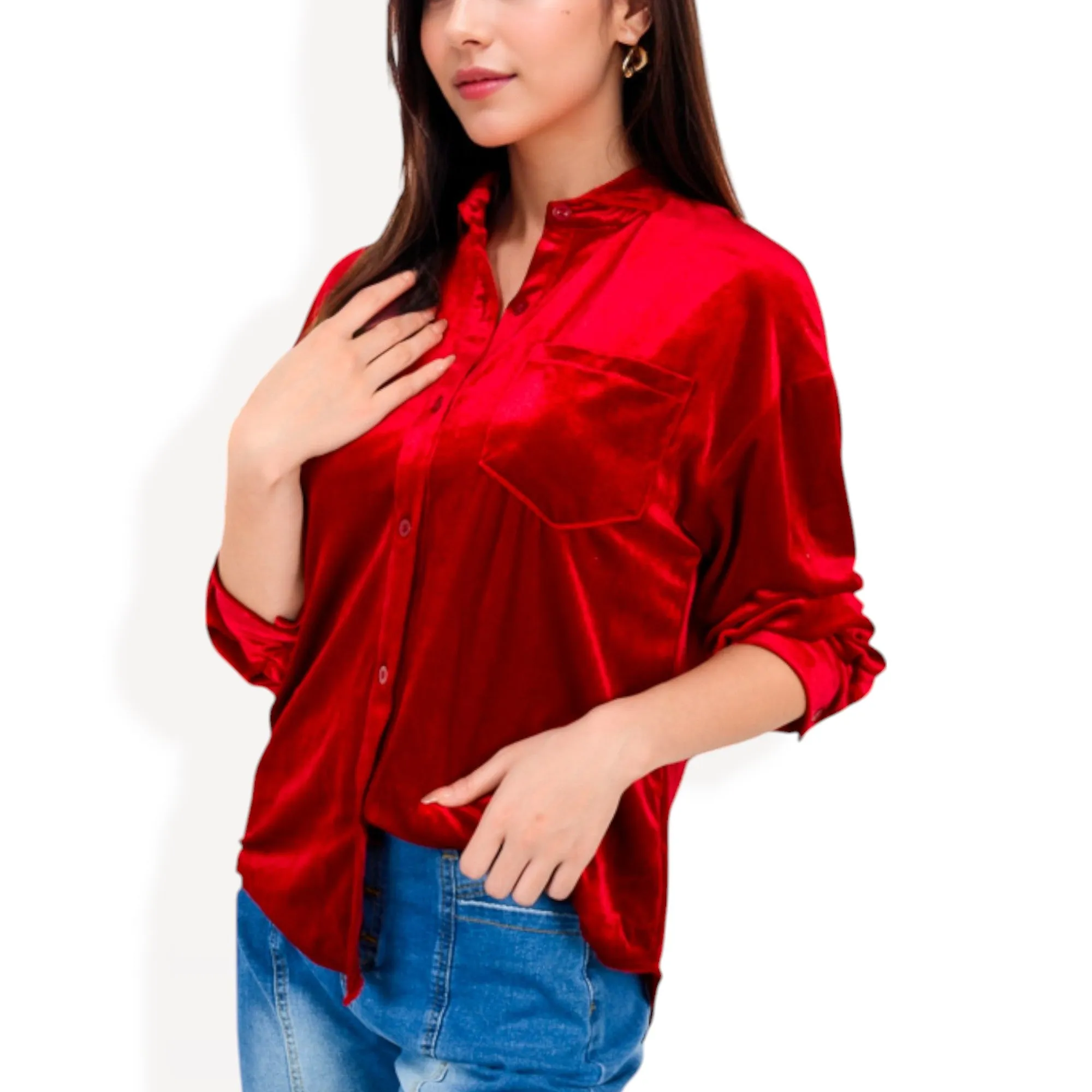 Anna-Kaci Women's Long Sleeve Velvet Button-Up Shirt with Chest Pocket sold by Anna-Kaci product image thumbnail 3