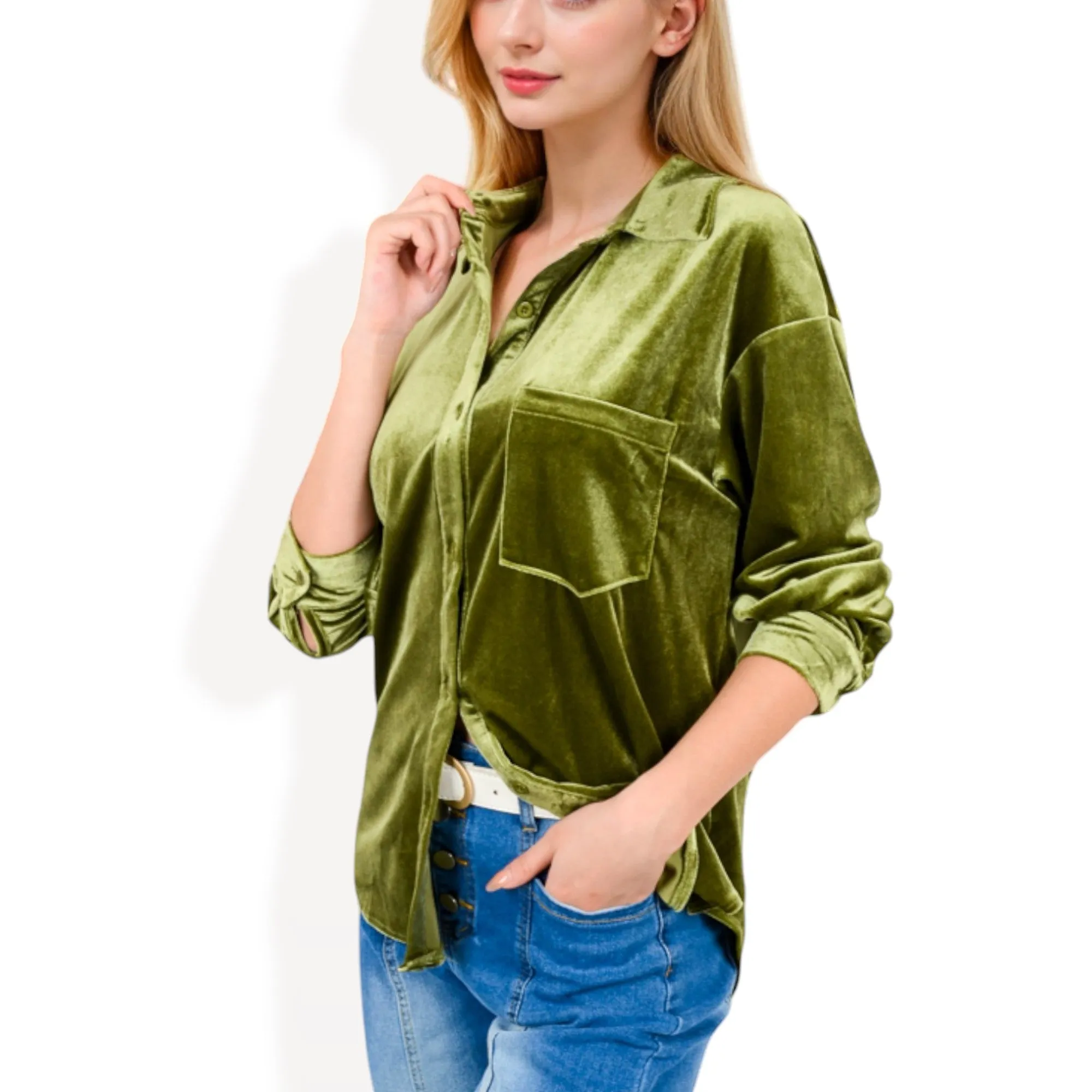 Anna-Kaci Women's Long Sleeve Velvet Button-Up Shirt with Chest Pocket sold by Anna-Kaci product image thumbnail 4