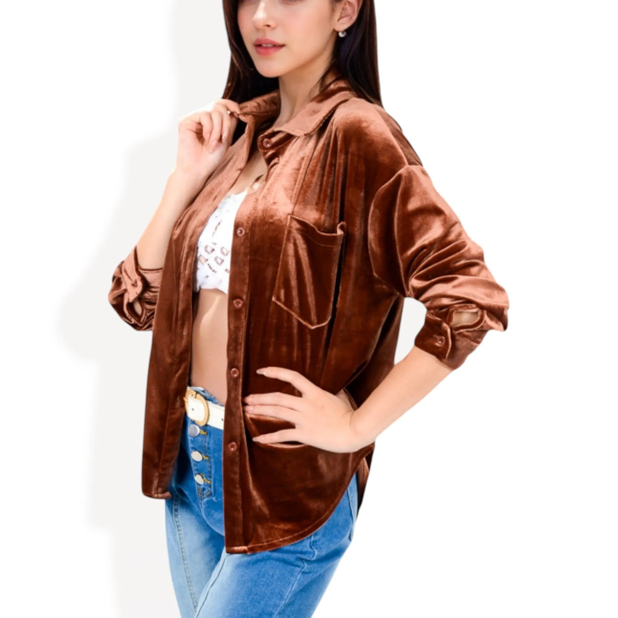 Anna-Kaci Women's Long Sleeve Velvet Button-Up Shirt with Chest Pocket sold by Anna-Kaci