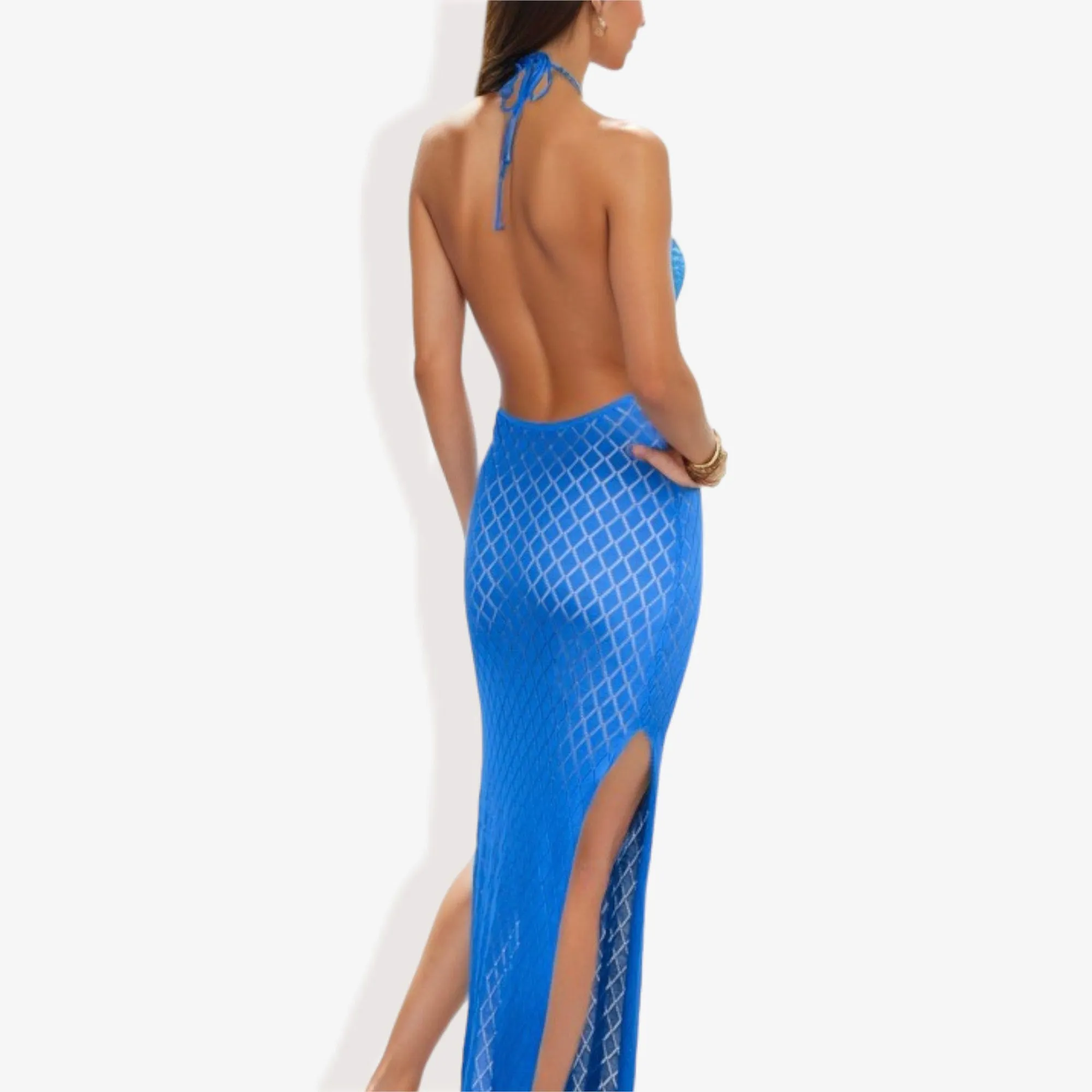 Halter Fishnet Design Side Slits Maxi Dress sold by Anna-Kaci product image thumbnail 4