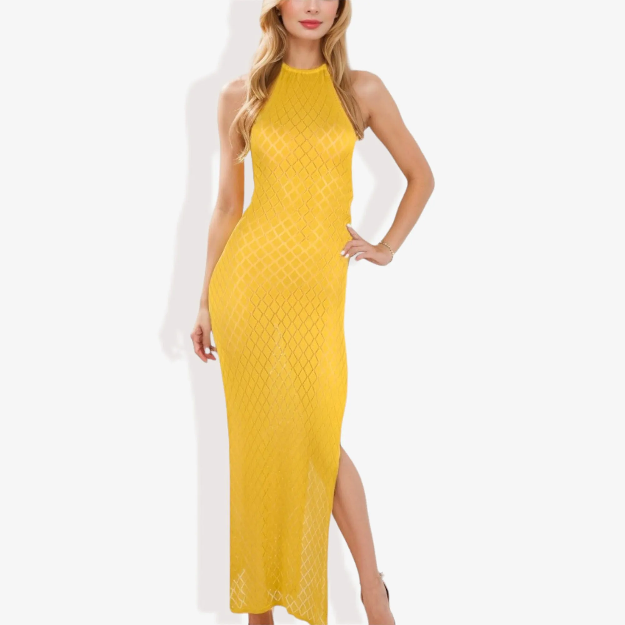 Halter Fishnet Design Side Slits Maxi Dress sold by Anna-Kaci product image thumbnail 5